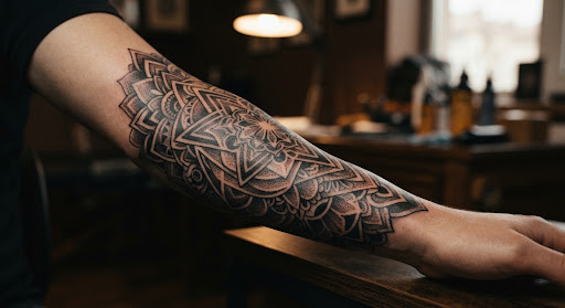 Artista tatuando mandala botánico de trazo fino con guantes de nitrilo negro y máquina de precisión en Checho Tattoo
